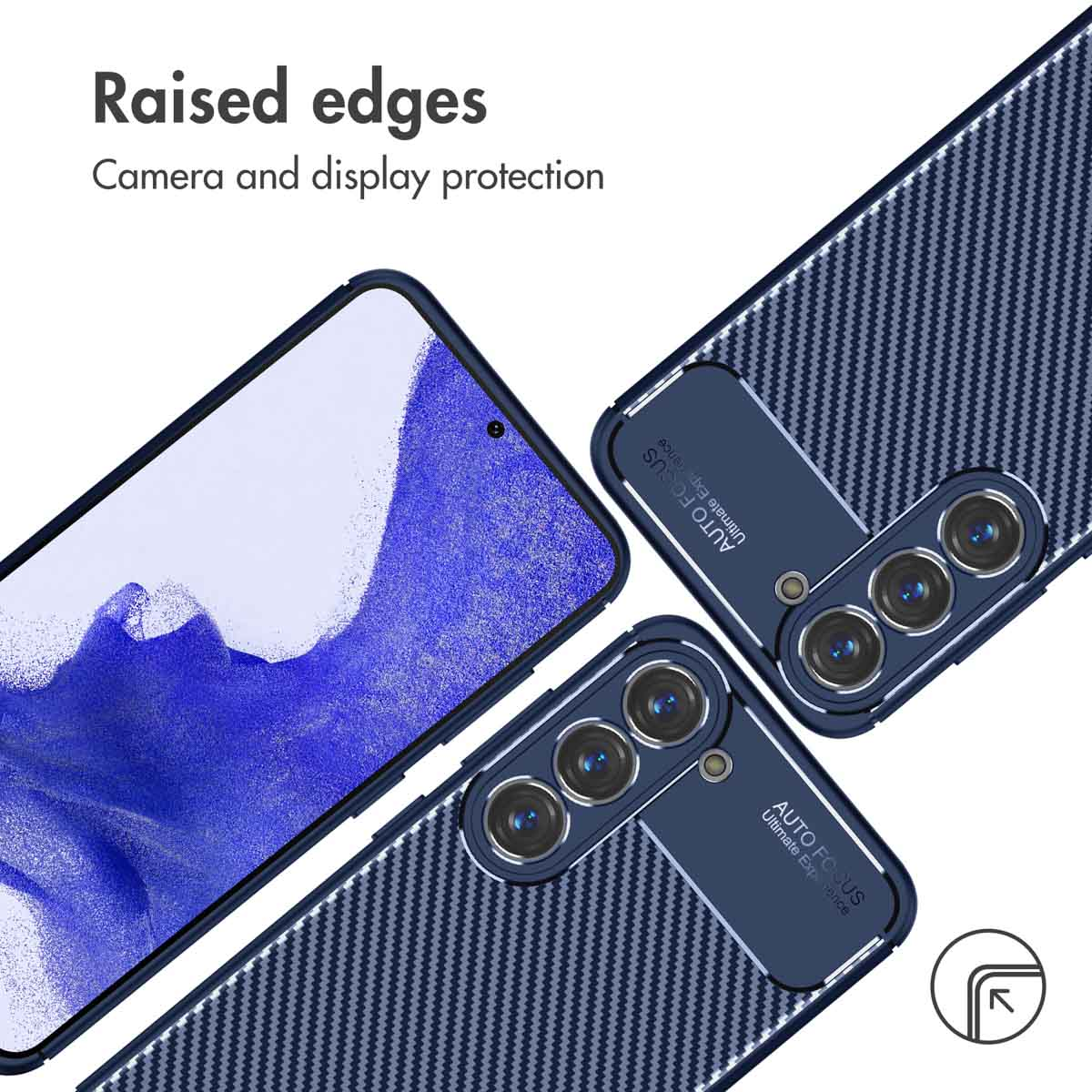 Coque bleue effet carbone montrant des bords surélevés pour protéger l'appareil photo et l'écran.