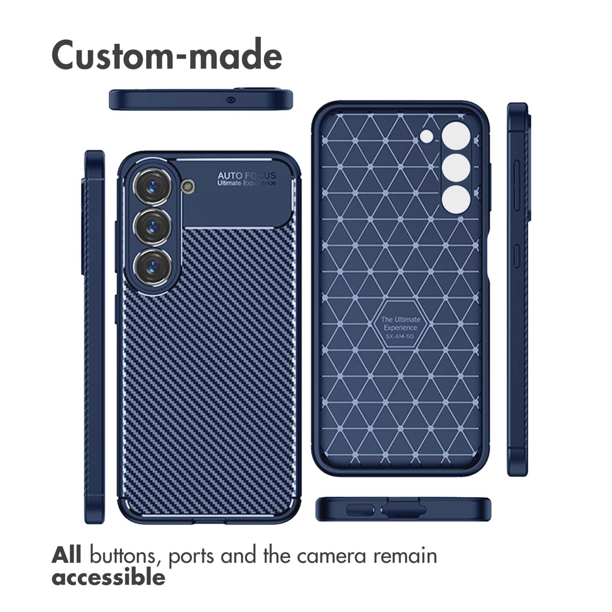 Vues multiples d'une coque de smartphone bleue avec texture carbone et motif géométrique.