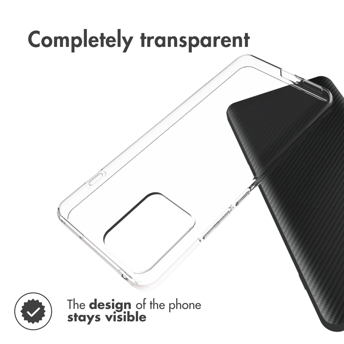Una funda de teléfono transparente y clara se encuentra junto a un smartphone negro con patrón de fibra de carbono.