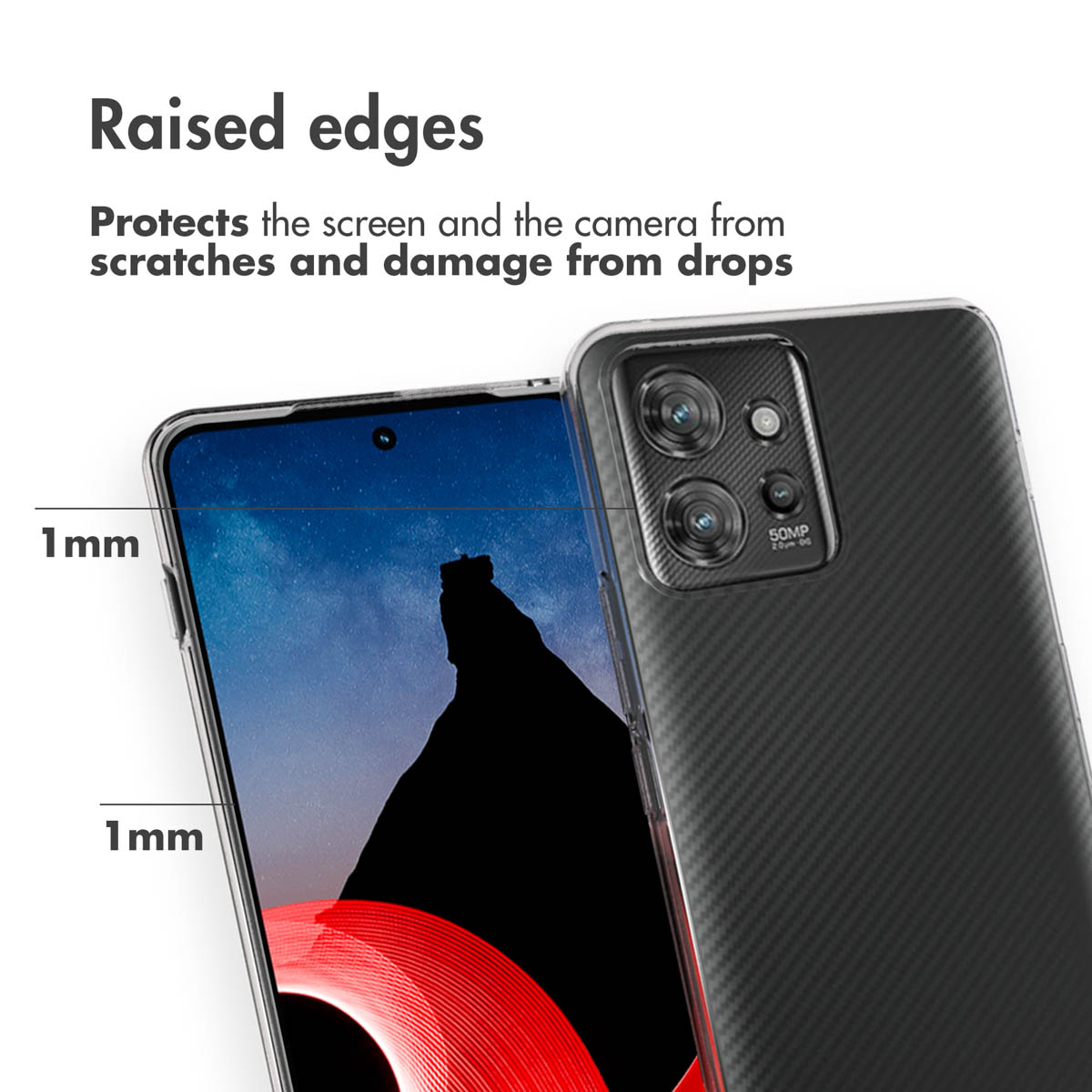 Smartphone con funda transparente que muestra bordes elevados para proteger pantalla y cámara.