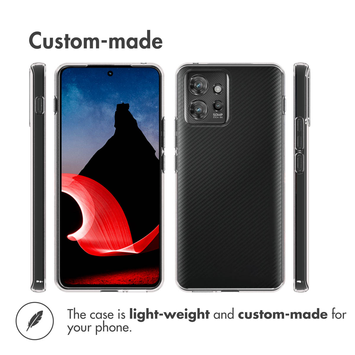 Cuatro vistas de un teléfono negro con funda transparente, mostrando frente, parte trasera y perfiles laterales.