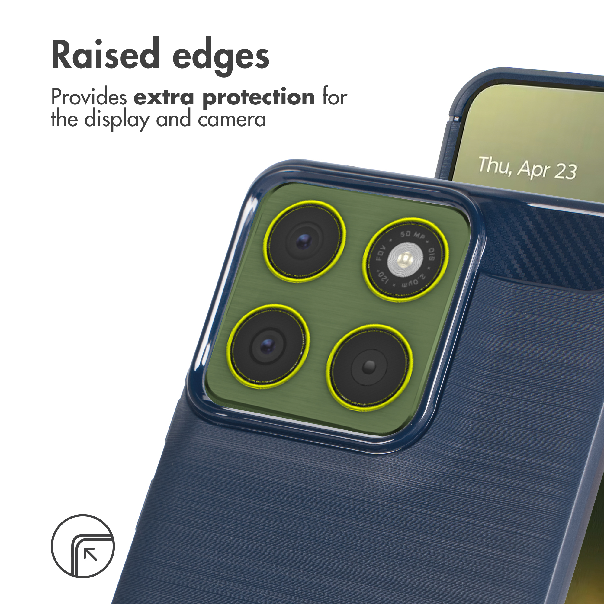 Fundazo azul para smartphone con bordes elevados para proteger la cámara y pantalla.
