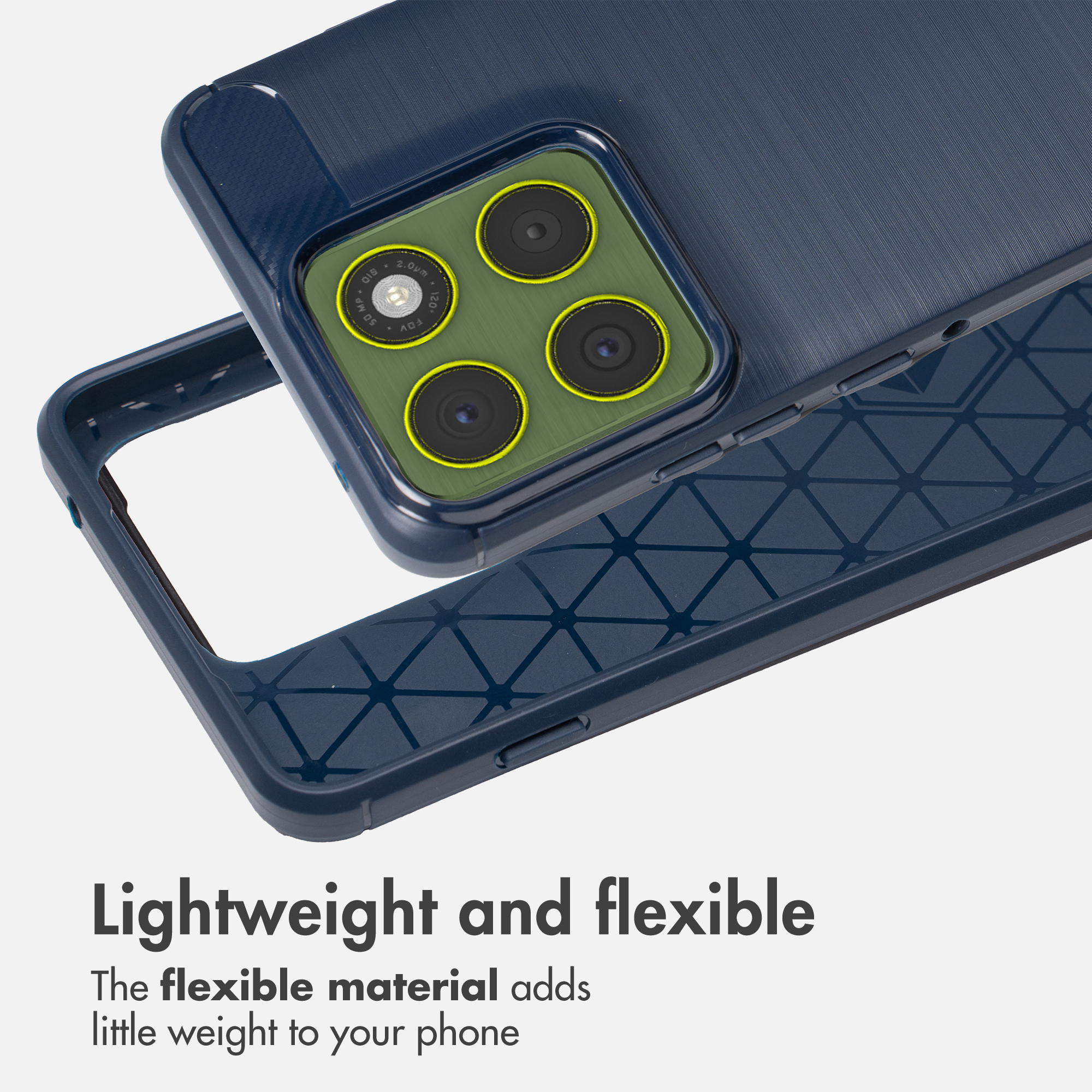 Una funda de móvil azul flexible con un módulo de cámara verde y patrón geométrico dentro.