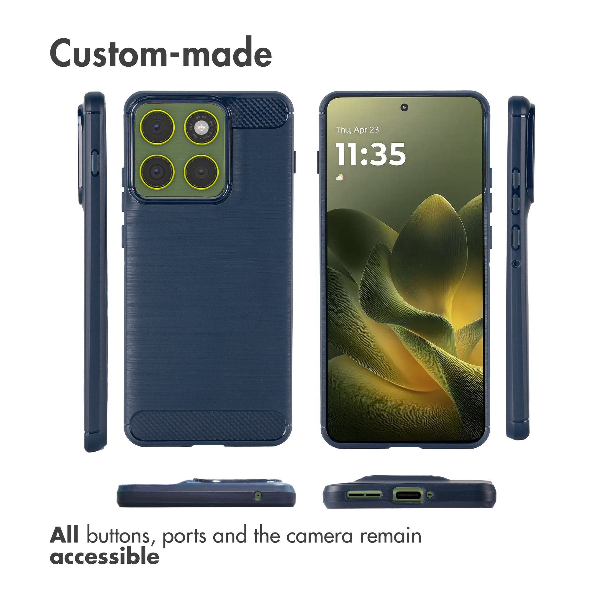 Fundas para smartphone azules mostradas en múltiples vistas; todos los botones y puertos siguen accesibles.