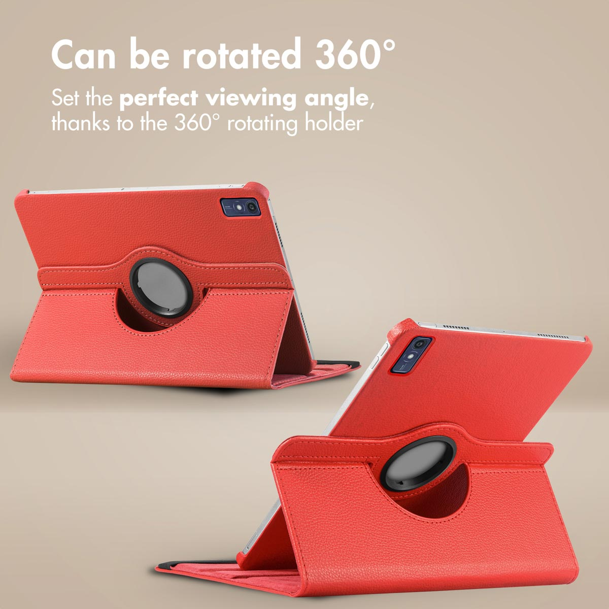 Two red tablet cases with built-in 360-degree rotating holders on a beige background, with promotional text above.