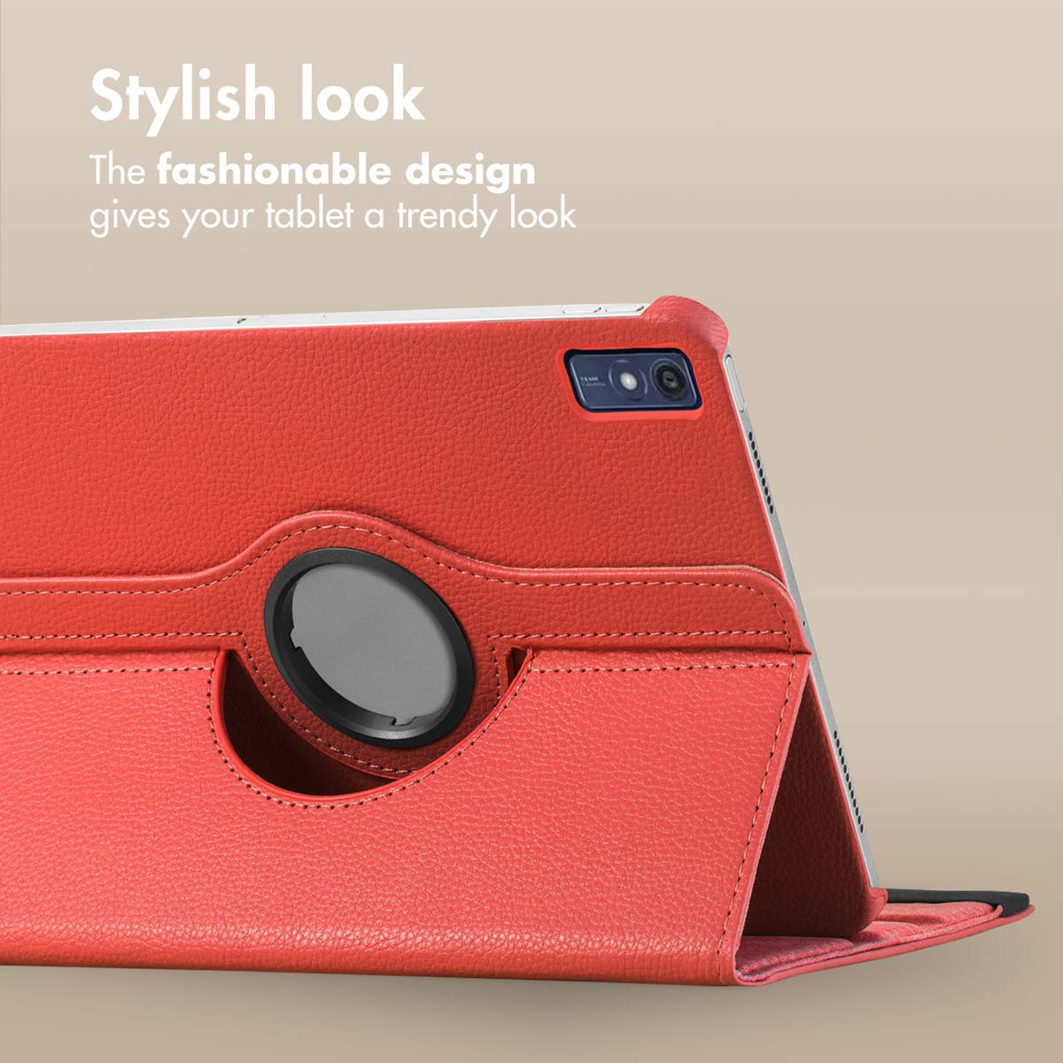 Red leather tablet case with stand and text above.