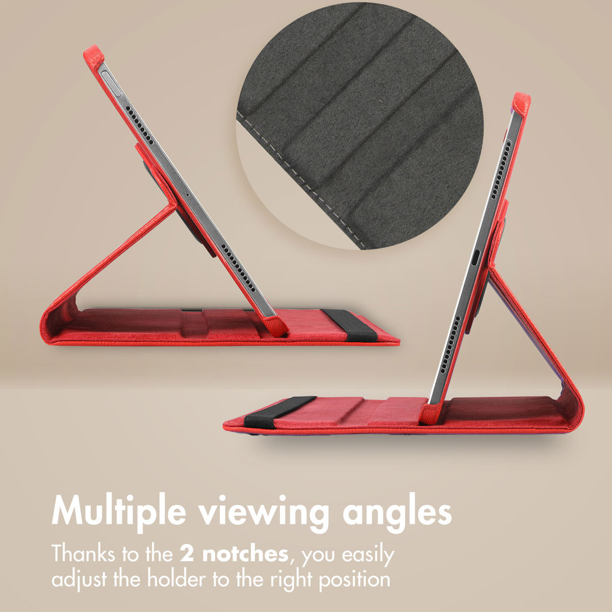 Red tablet case supporting two viewing angles, with a zoomed-in view of the dark grey textured interior.