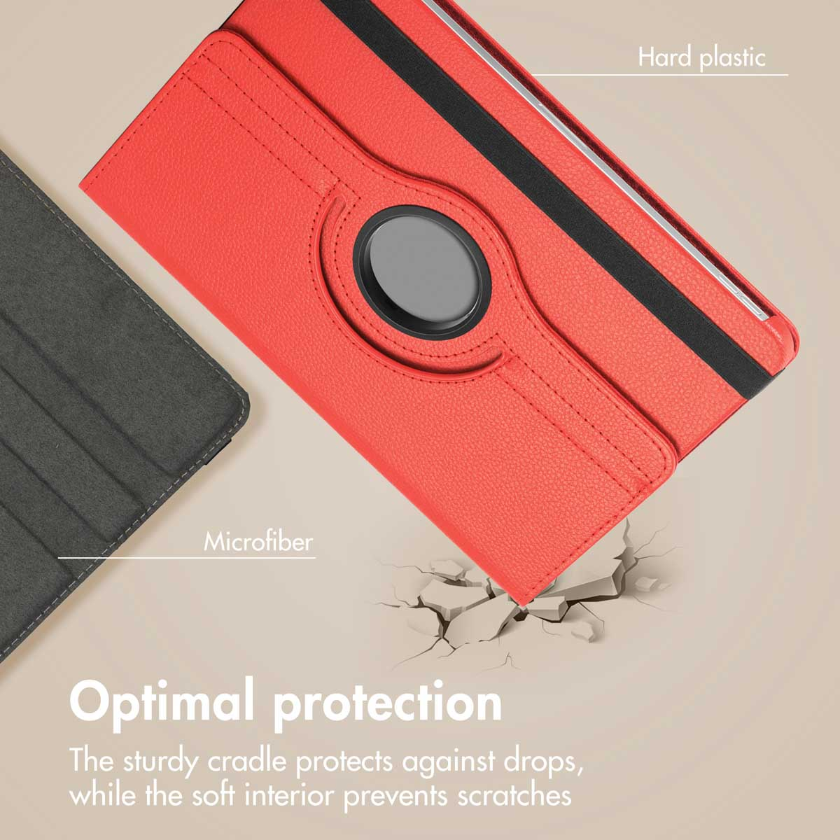 Red protective case with hard plastic and microfiber interior on beige background.