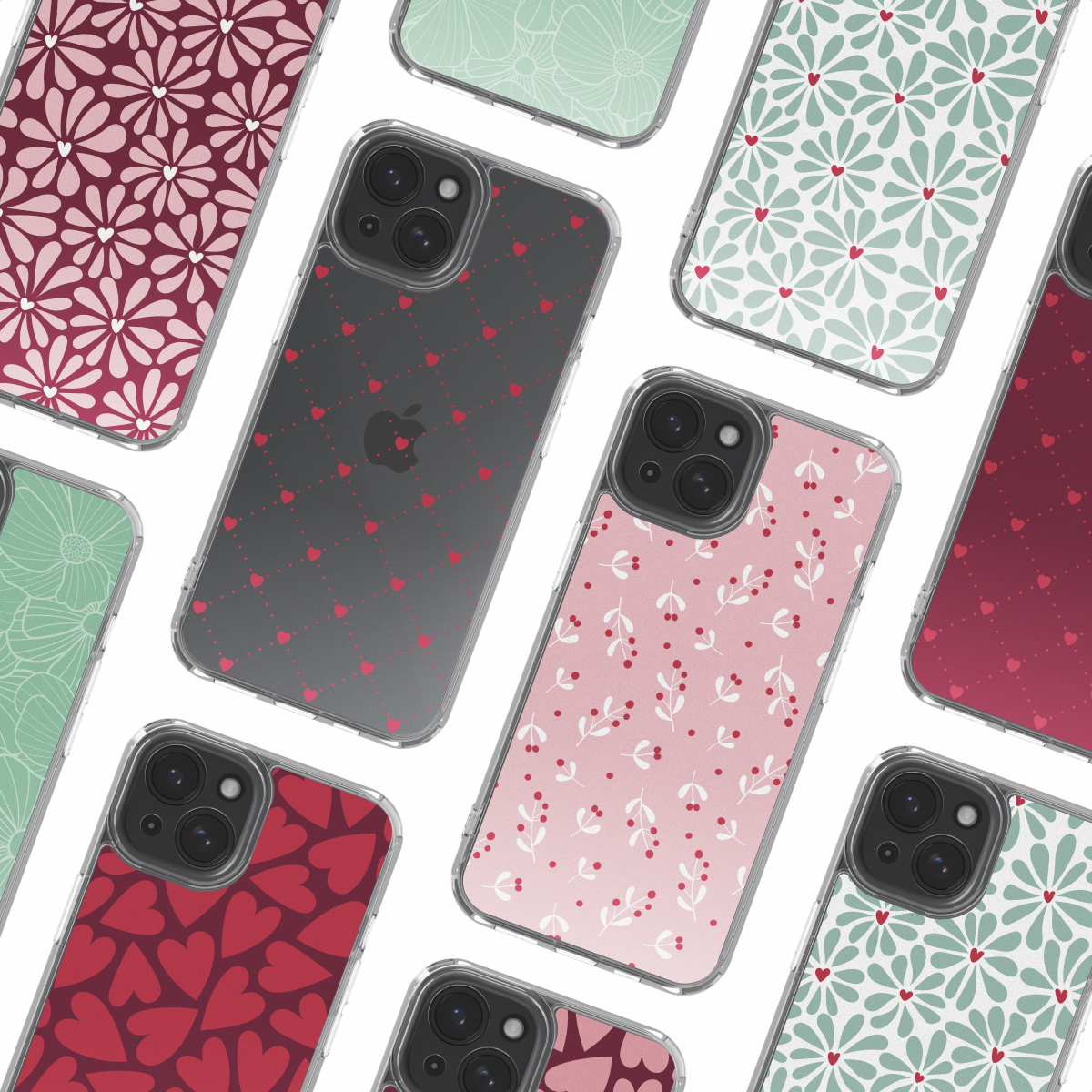 Meerdere smartphonehoesjes met verschillende patronen zoals harten, bloemen en bessen.