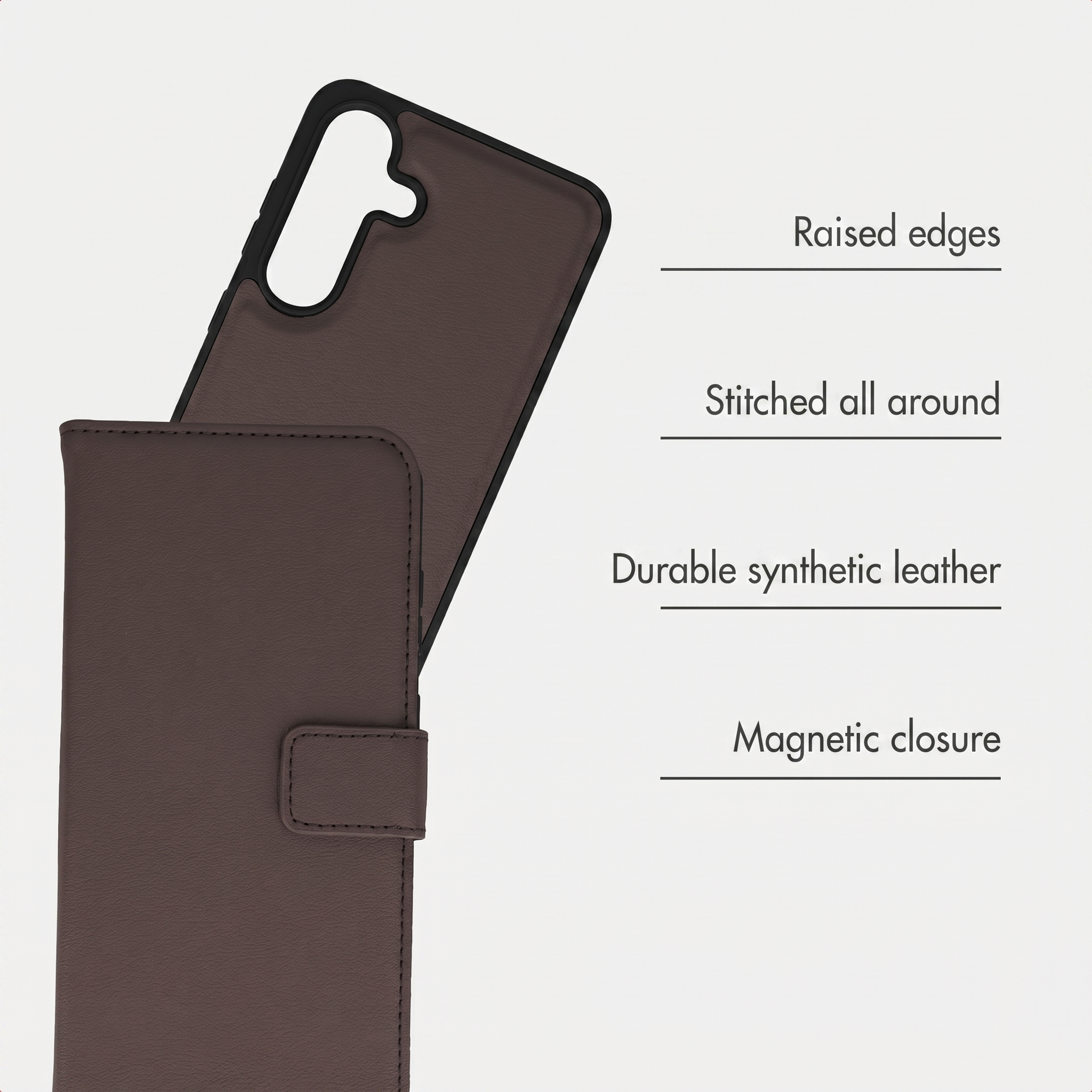 Braune Handytasche aus Kunstleder mit erhöhtem Rand, Nähten und Magnetverschluss.