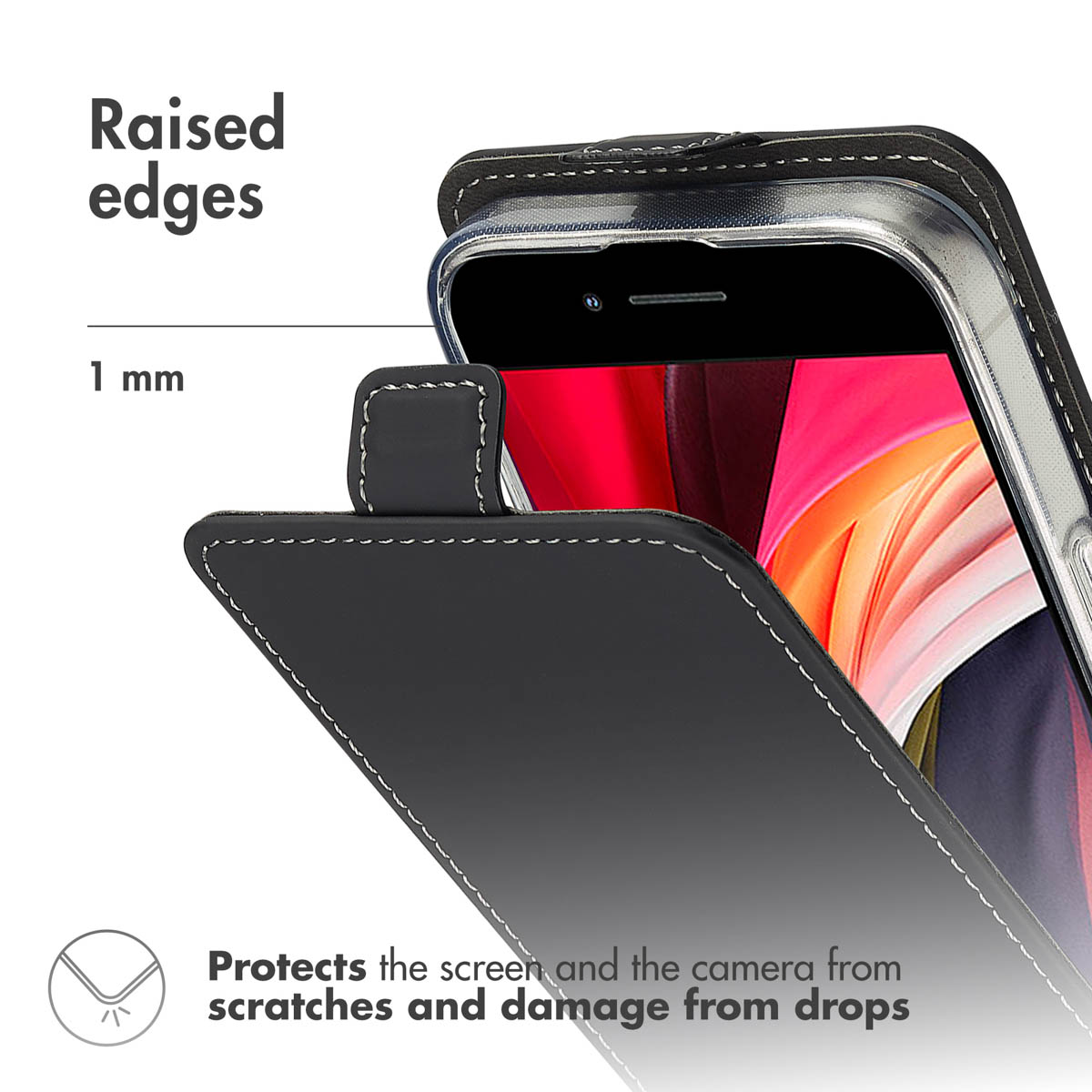 Étui de téléphone en cuir noir avec bords surélevés de 1 mm pour protéger l'écran et la caméra.