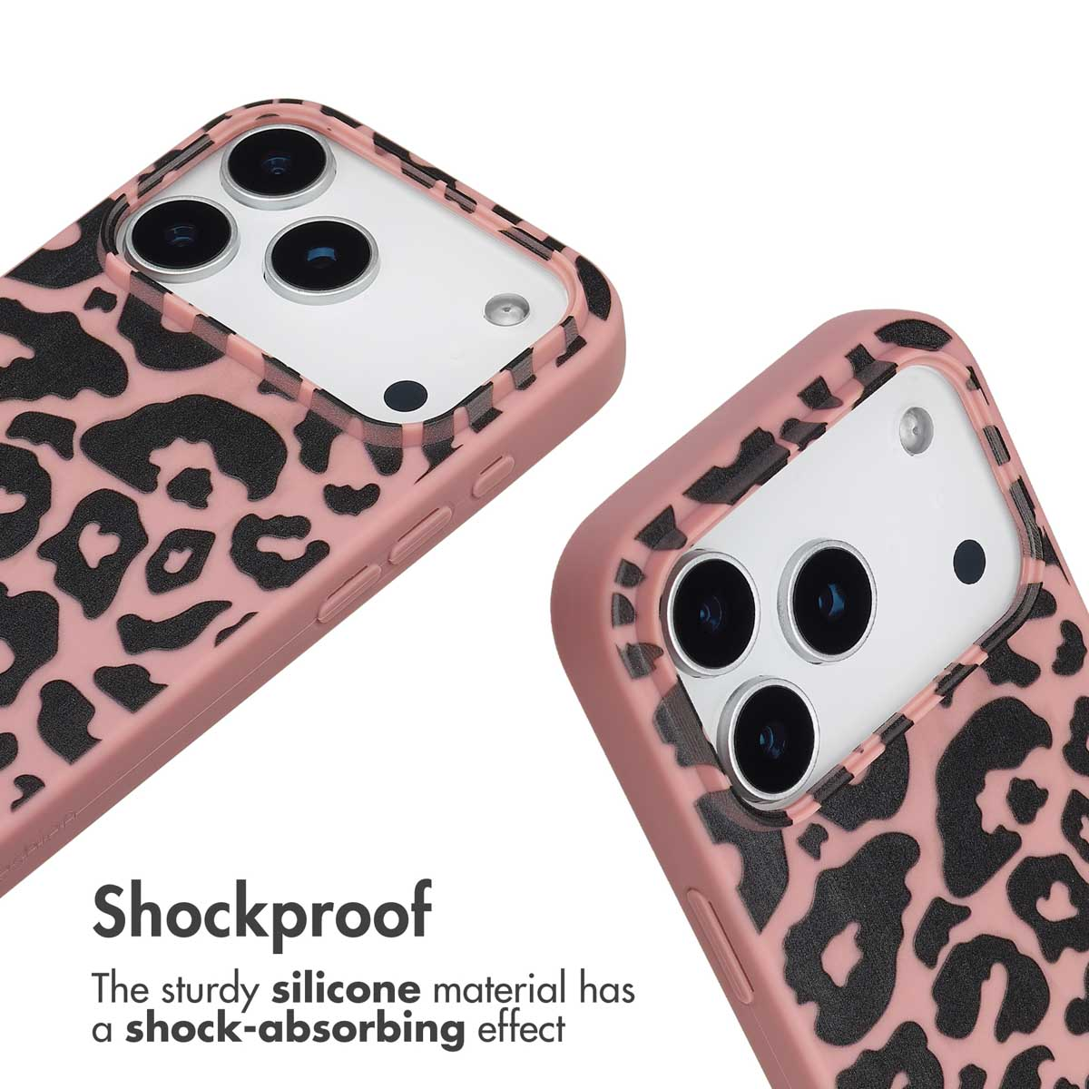 Due cover per telefono rosa con stampa leopardata nera, silicone antiurto e area fotocamera bianca.