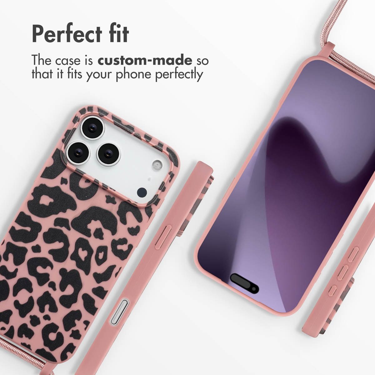 Custodia per telefono rosa con stampa leopardata nera, mostrata davanti e dietro su sfondo bianco con testo.