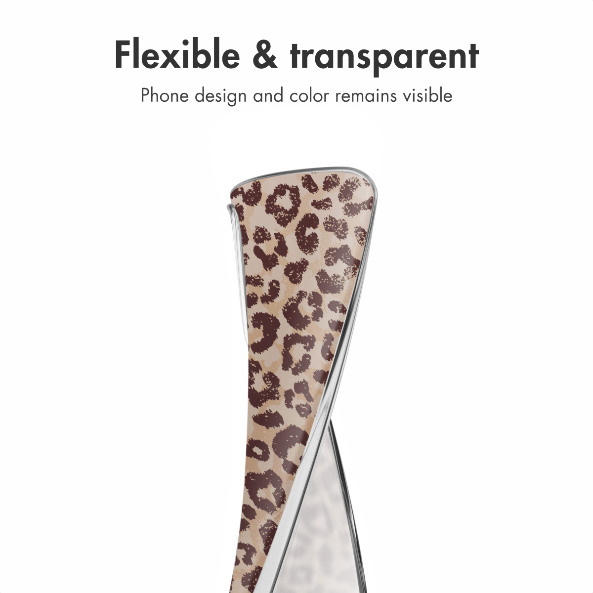 Una funda de móvil flexible y transparente con estampado de leopardo.