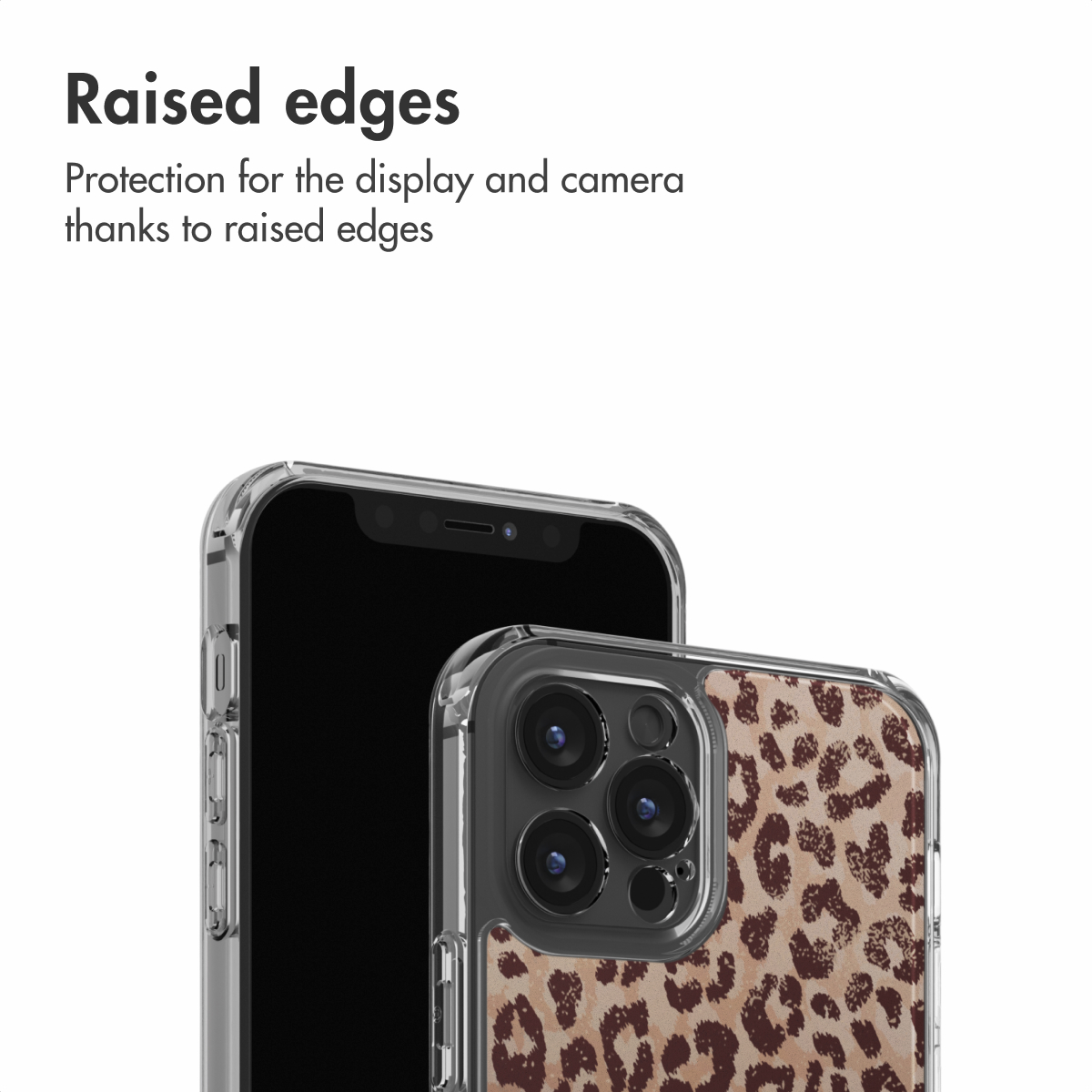 Dos smartphones en fundas protectoras transparentes con estampado de leopardo, texto arriba.