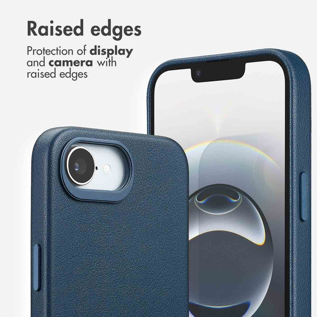 Custodia per smartphone blu con bordi rialzati per proteggere schermo e fotocamera.