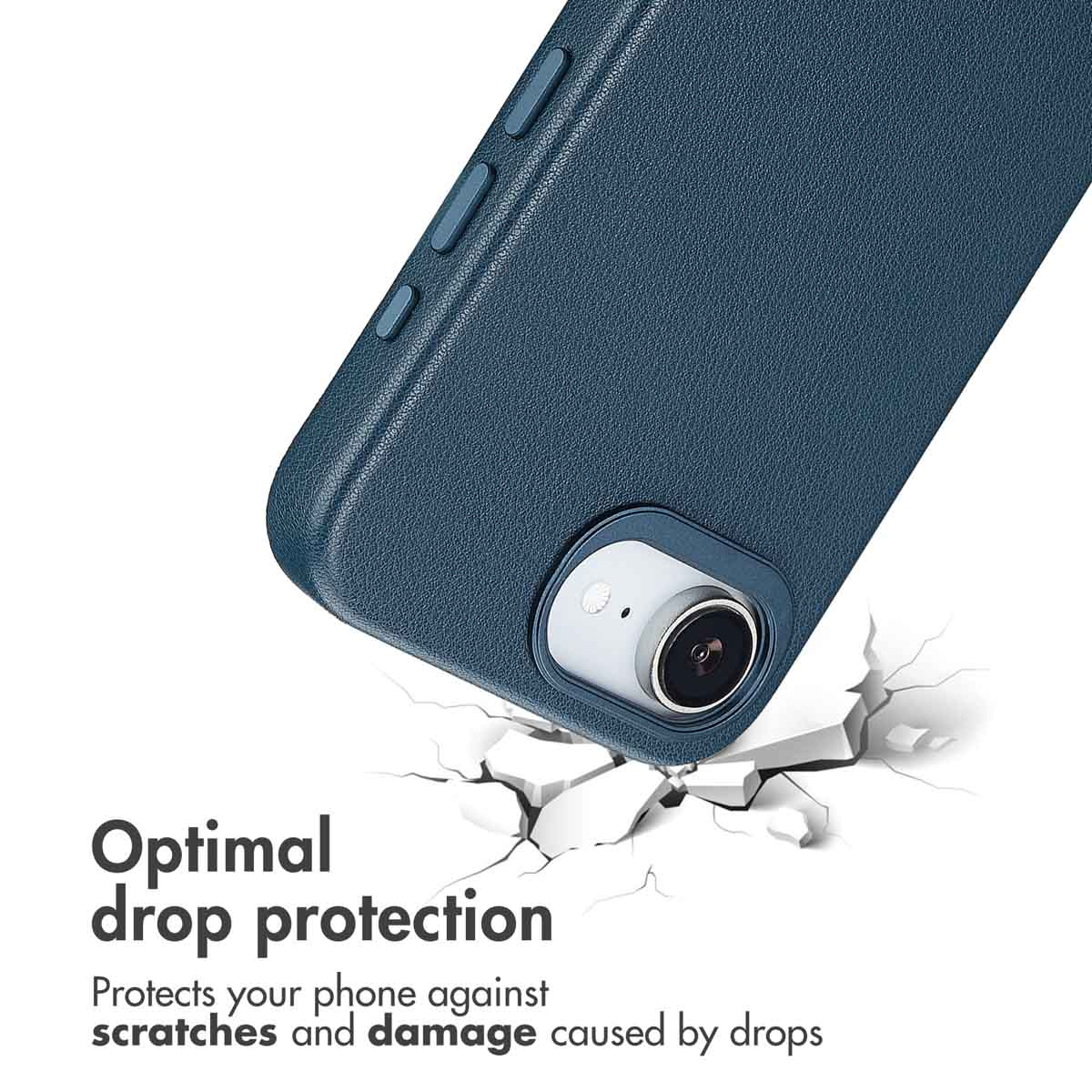 Custodia per telefono blu con ritaglio per fotocamera su superficie crepata.