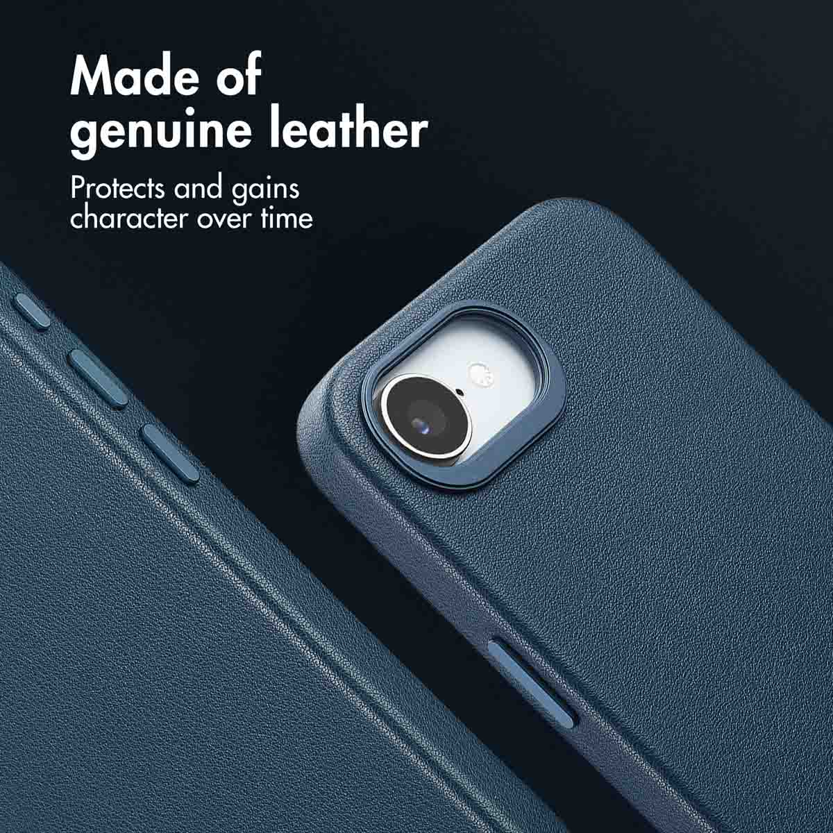 Custodia per telefono in pelle blu con foro per fotocamera.