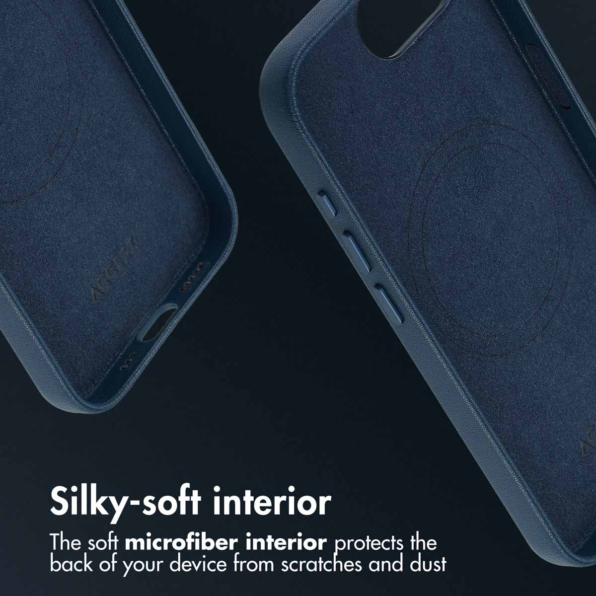 Due custodie per cellulare blu scuro che mostrano i loro interni in morbida microfibra.