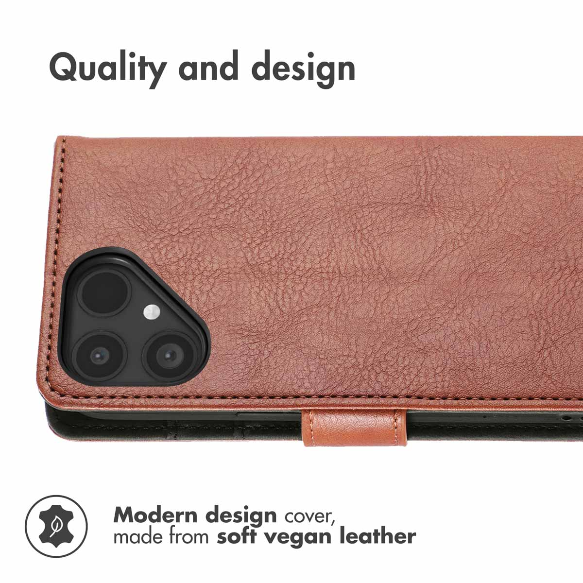 Brown vegan leather phone case with camera cutout and text.