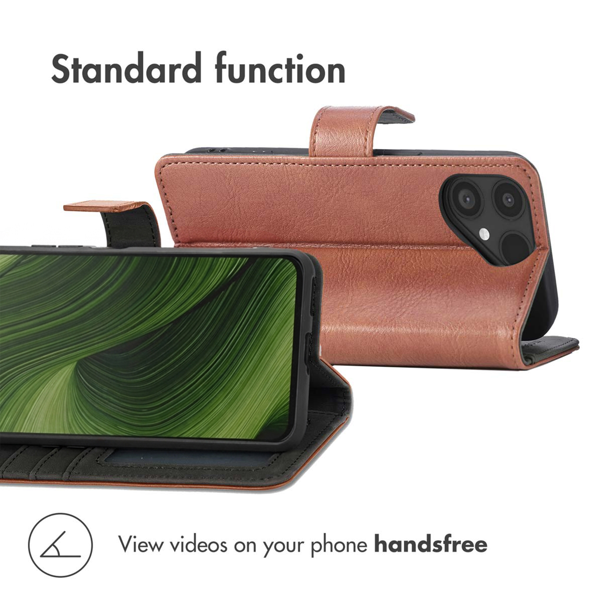 Brown leather phone case with green display and stand function.