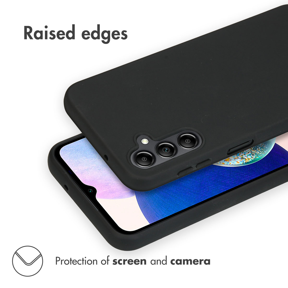 Smartphone dans une coque noire avec bords surélevés pour protéger l'écran et l'appareil photo.