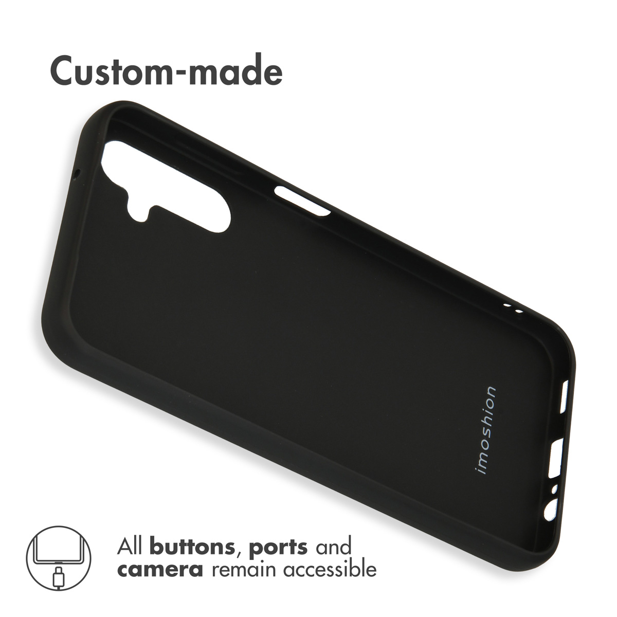 Une coque de smartphone noire sur fond blanc avec texte et icônes.