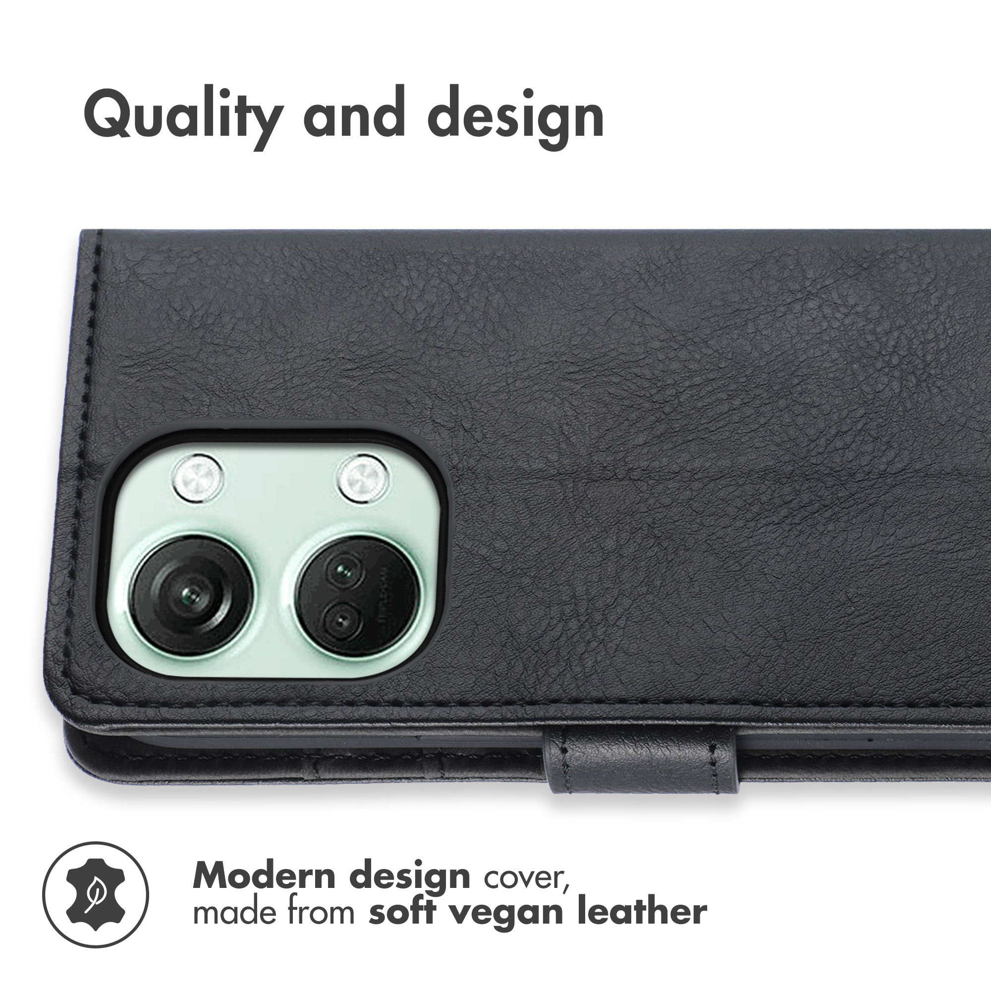Custodia in ecopelle nera con foro per doppia fotocamera e testo Qualità e design.