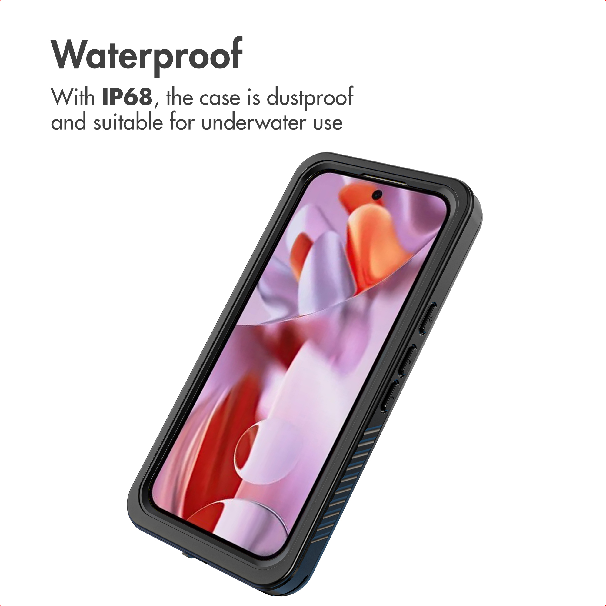 Funda de smartphone negra impermeable con certificación IP68.