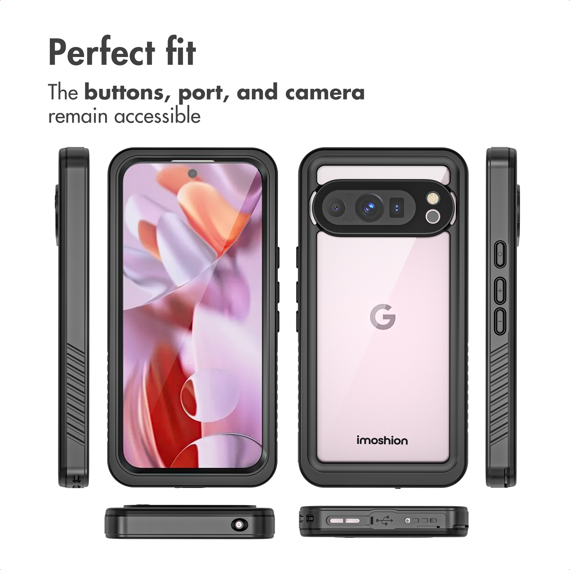 Funda protectora negra para un smartphone Google Pixel mostrada desde múltiples perspectivas.