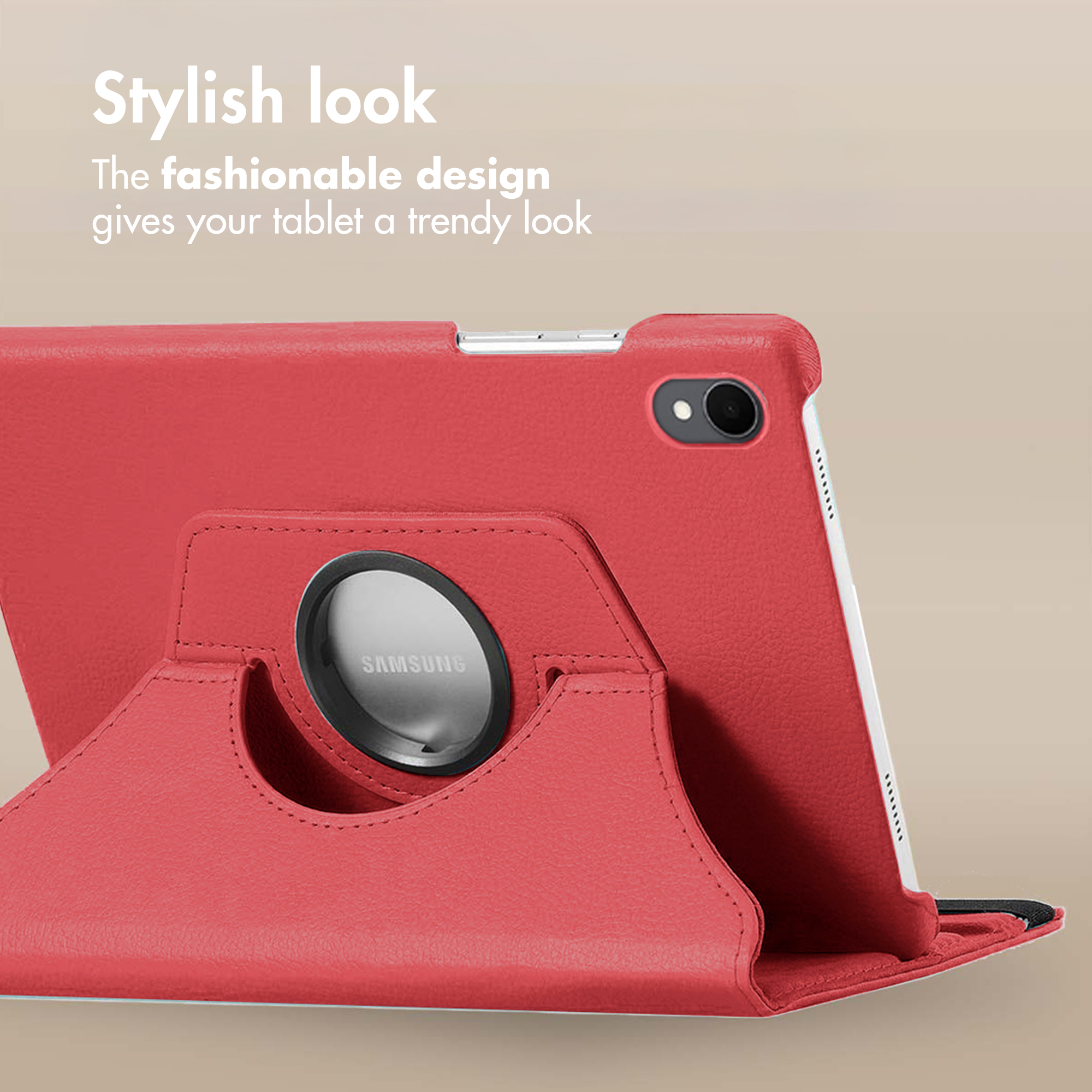 Red tablet case on a light background with text.