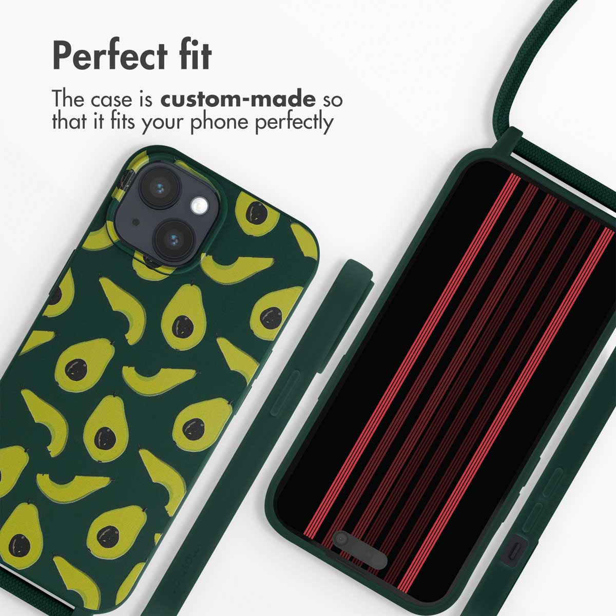 Custodia per telefono verde con motivo avocado e testo "Perfect fit".