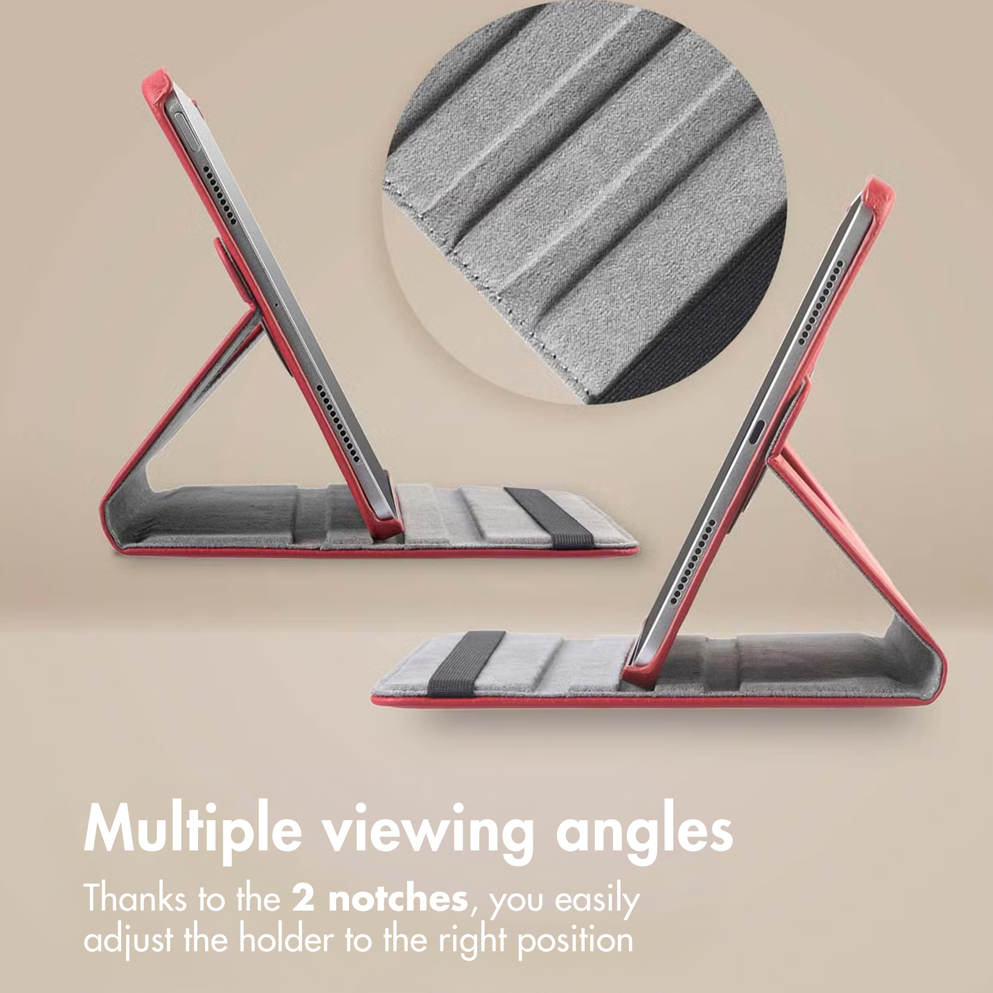 Red tablet case supporting a tablet at two viewing angles with a grey interior and text overlay below.