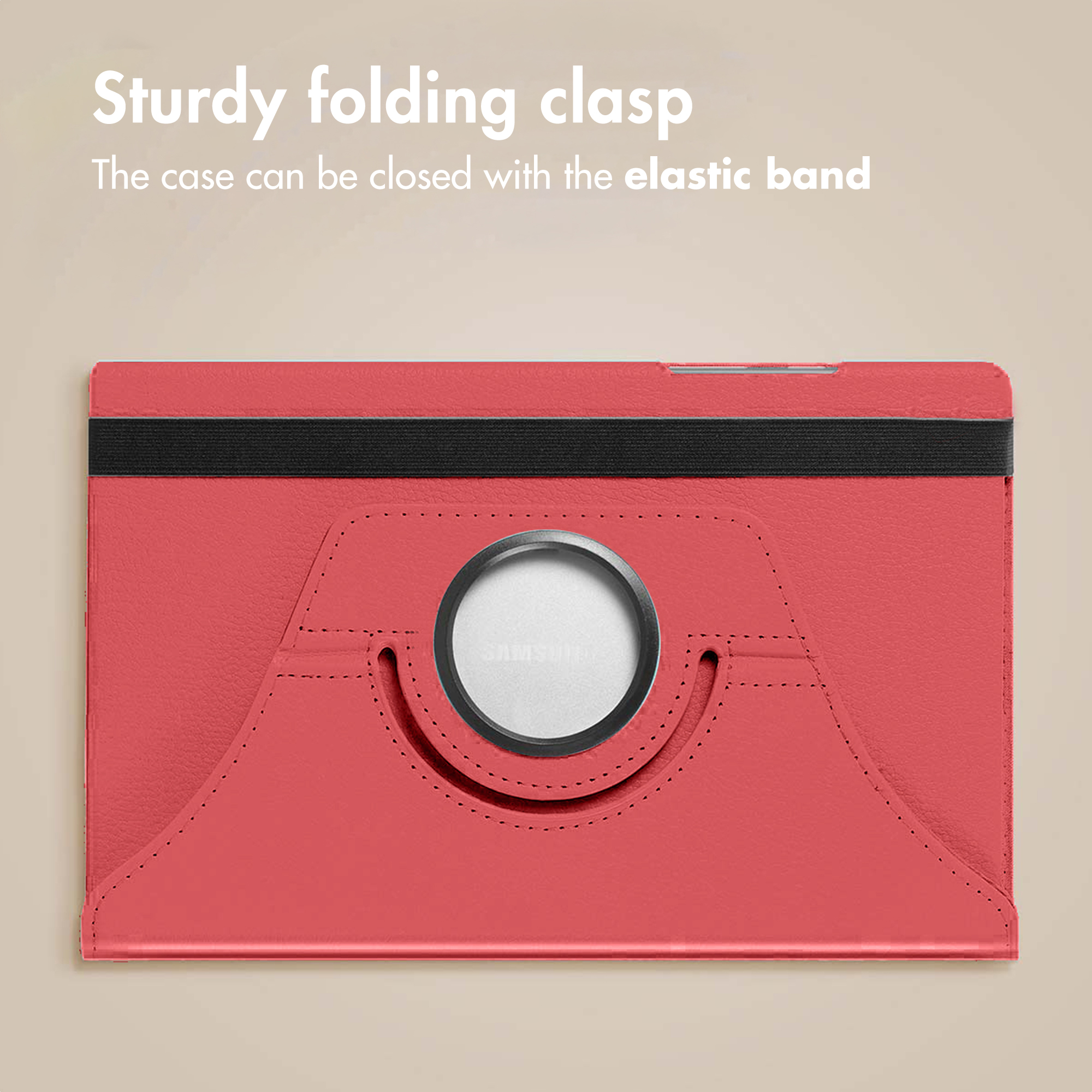 A red tablet case with a black elastic band and circular stand on the back against a plain background.