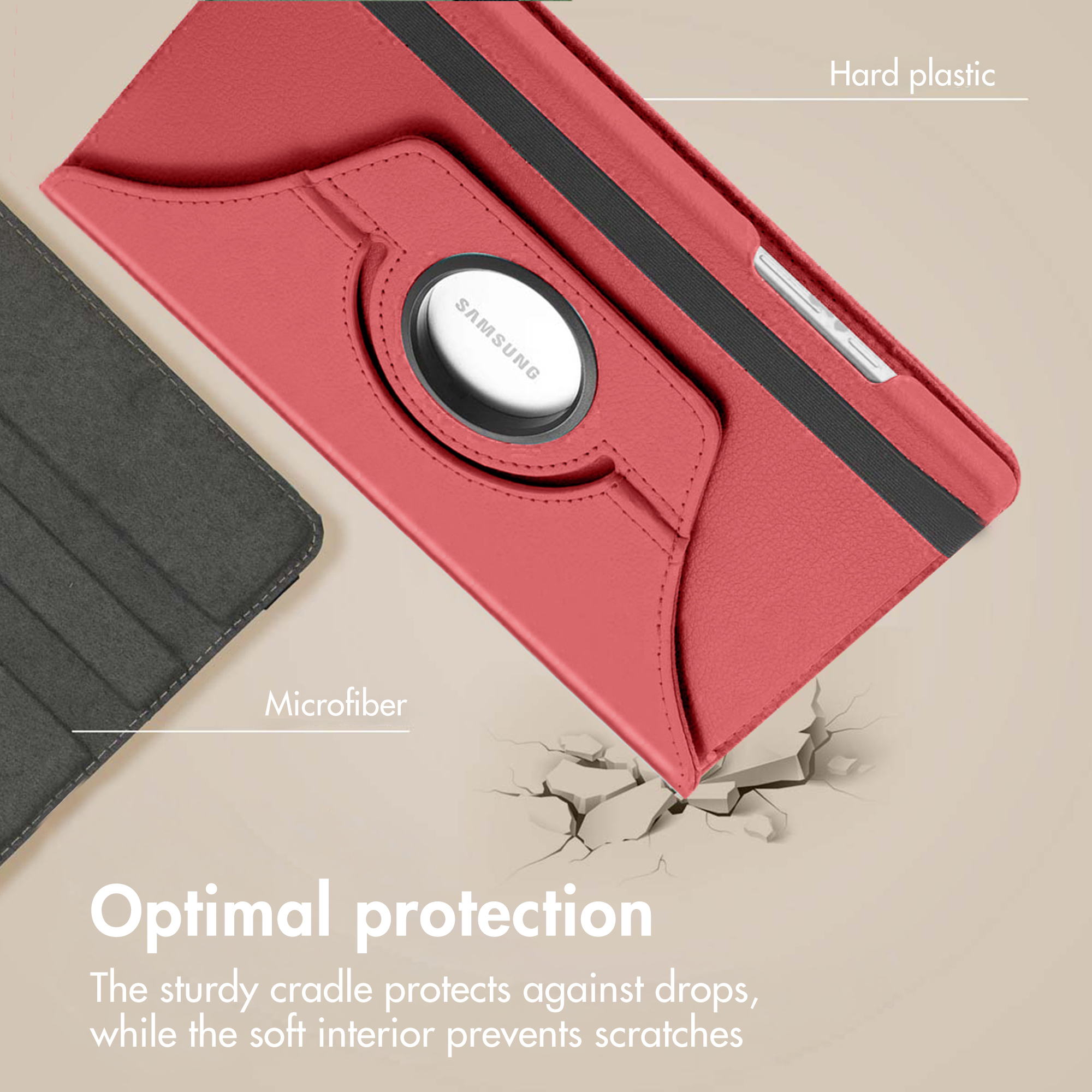 Red Samsung tablet case with hard plastic and microfiber lining on a gray background.