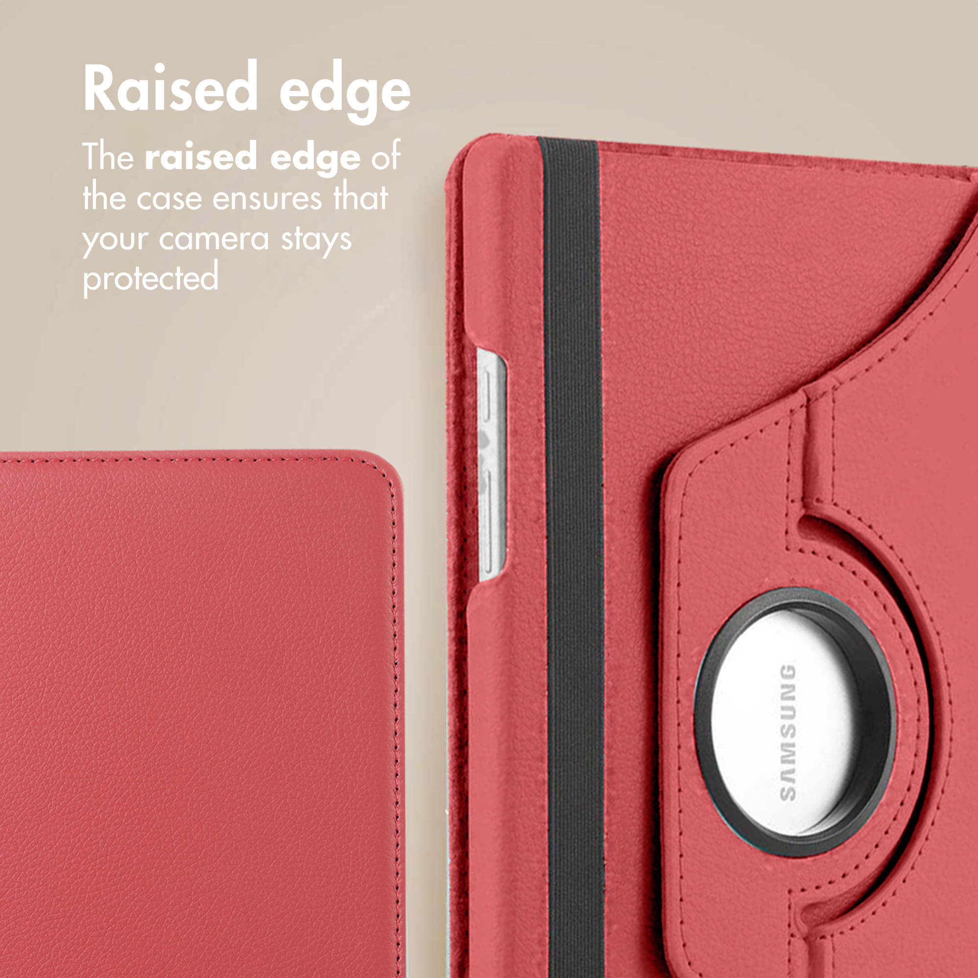 Red tablet case featuring a raised edge for camera protection and an integrated Samsung logo.