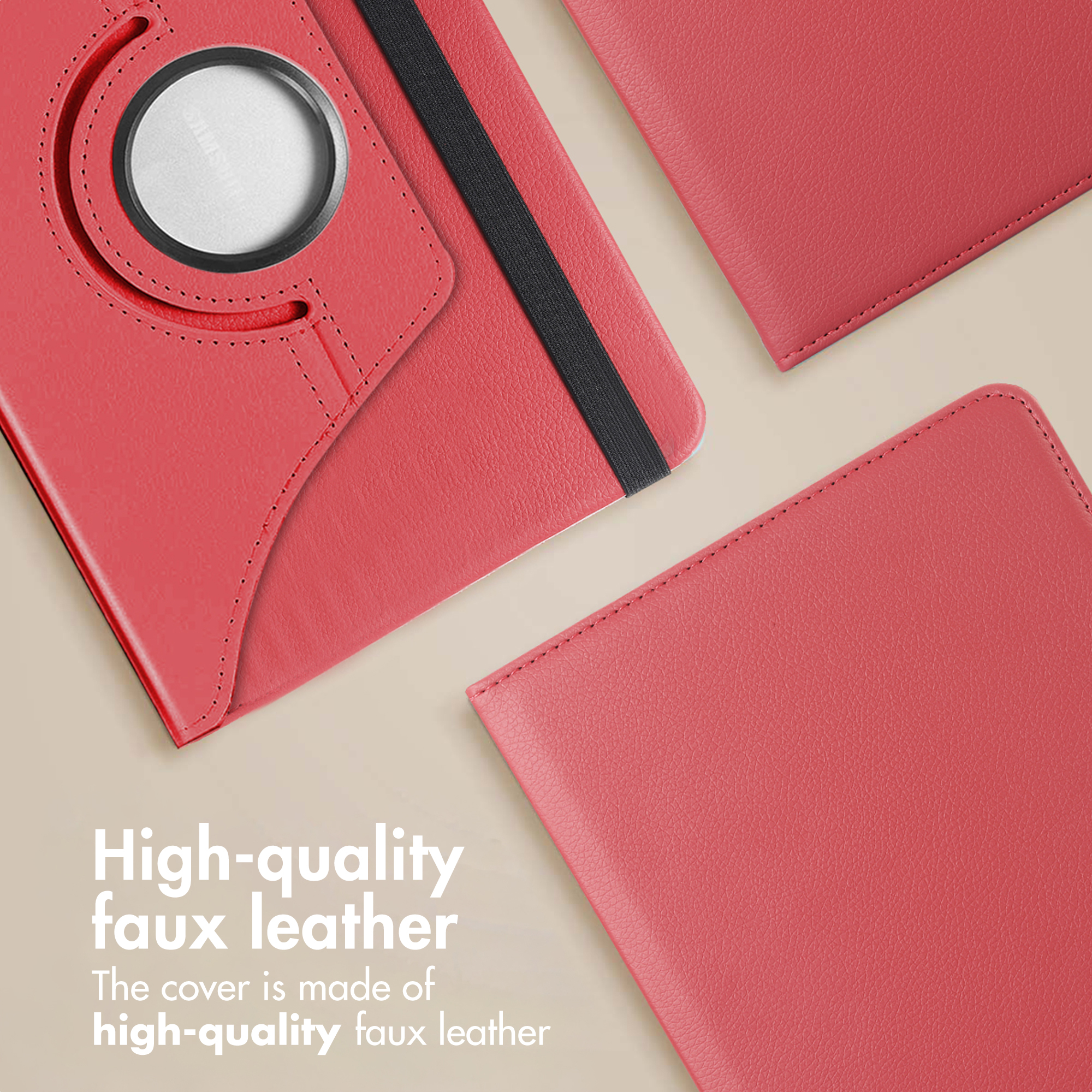Three red faux leather tablet cases with stitching and a round stand are arranged on a beige background.