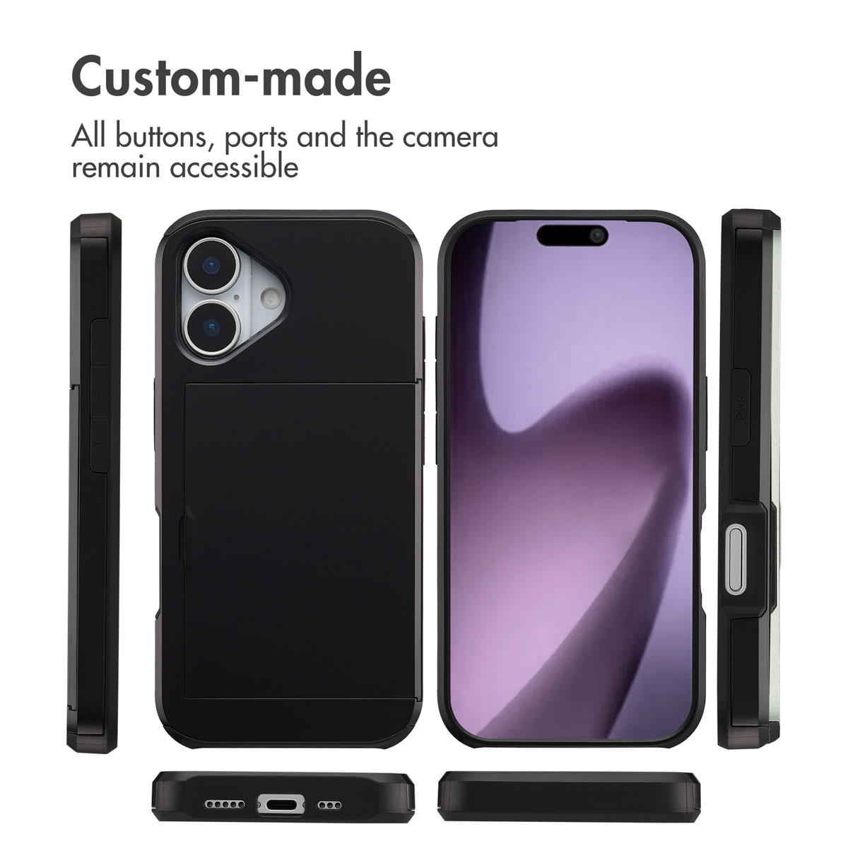 Custodia per telefono nera con porta carte, che mostra viste frontali, posteriori e laterali.