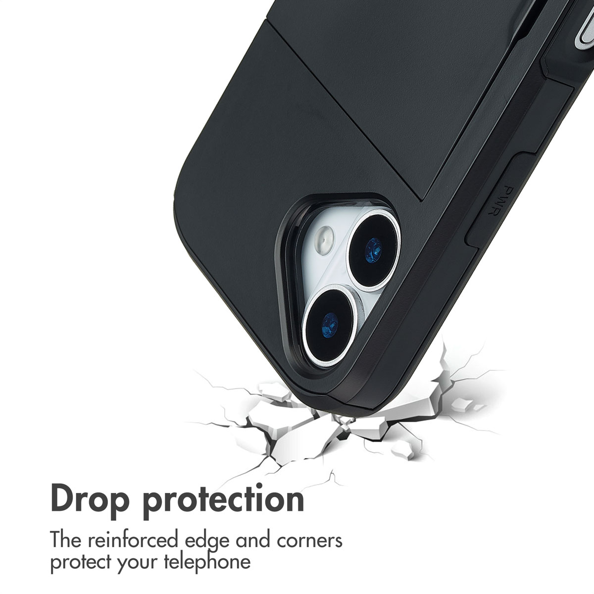 Custodia per telefono nera con fotocamera e scritta Drop protection.
