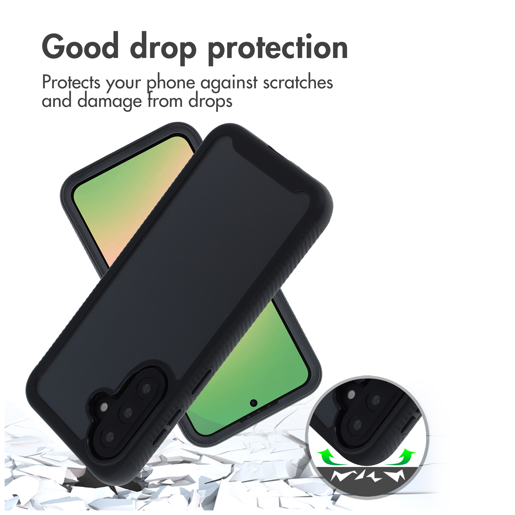 Twee smartphones in zwarte hoesjes op een gebroken witte achtergrond, met tekst erboven over valbescherming.