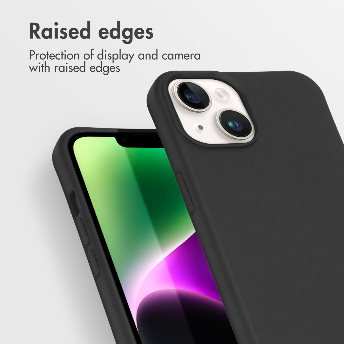 Una custodia nera per smartphone mostra bordi rialzati per proteggere display e fotocamera.