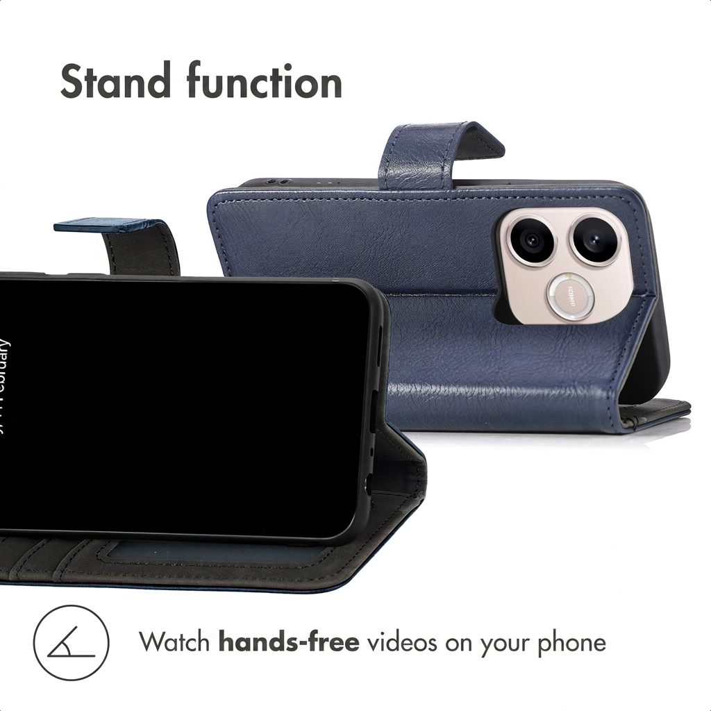 Blauwe leren telefoonhoes als standaard, met scherm en achtercamera zichtbaar.