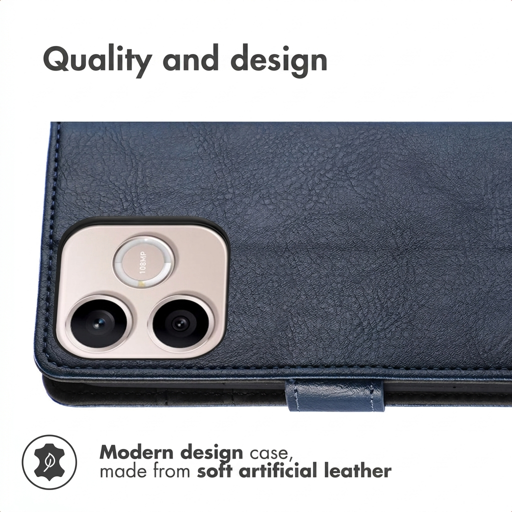 Blauwe kunstlederen telefoonhoes met camera-uitsparing op witte achtergrond, kwaliteit en design.