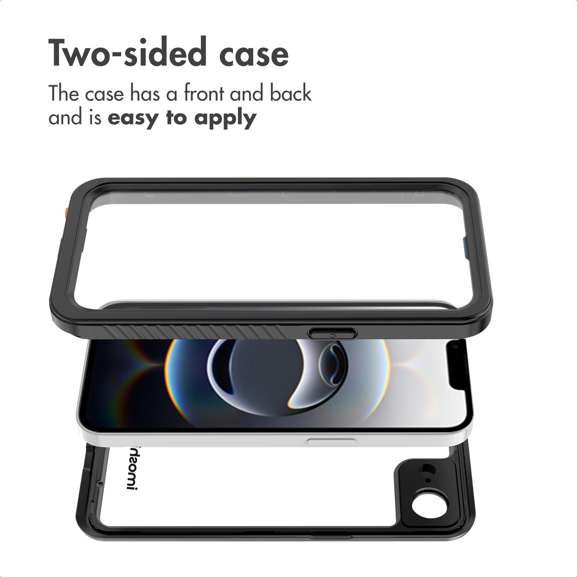 A two-sided protective case shown open at the front and back, with a smartphone placed in the middle.