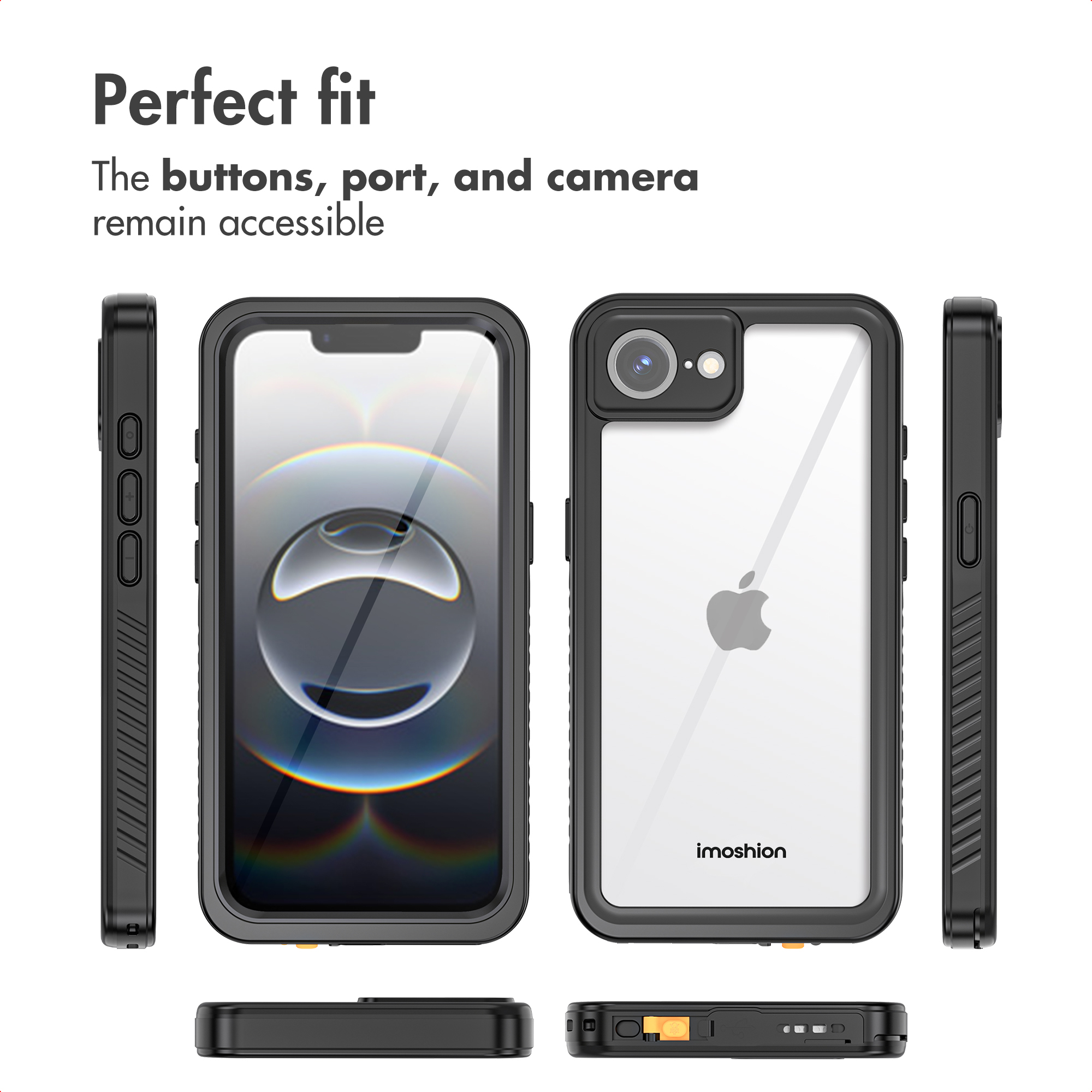 Multiple angles of a black protective phone case on an iPhone, showing accessible buttons and ports.