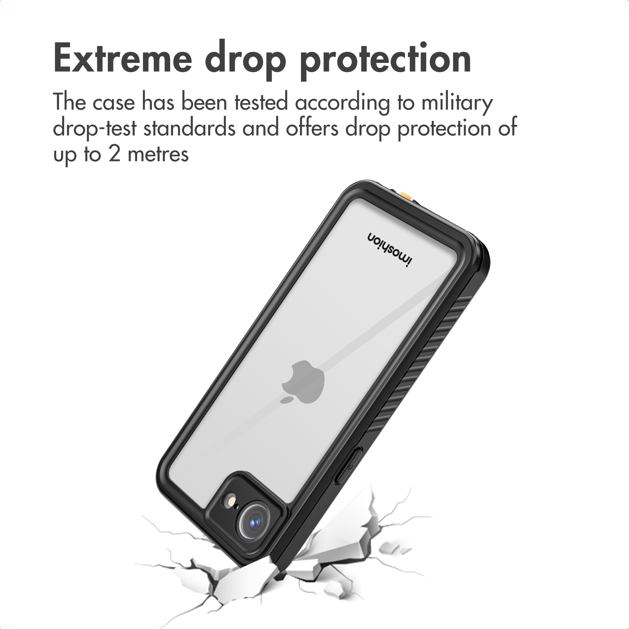 A black protective phone case for drop protection, shown above a cracked surface.