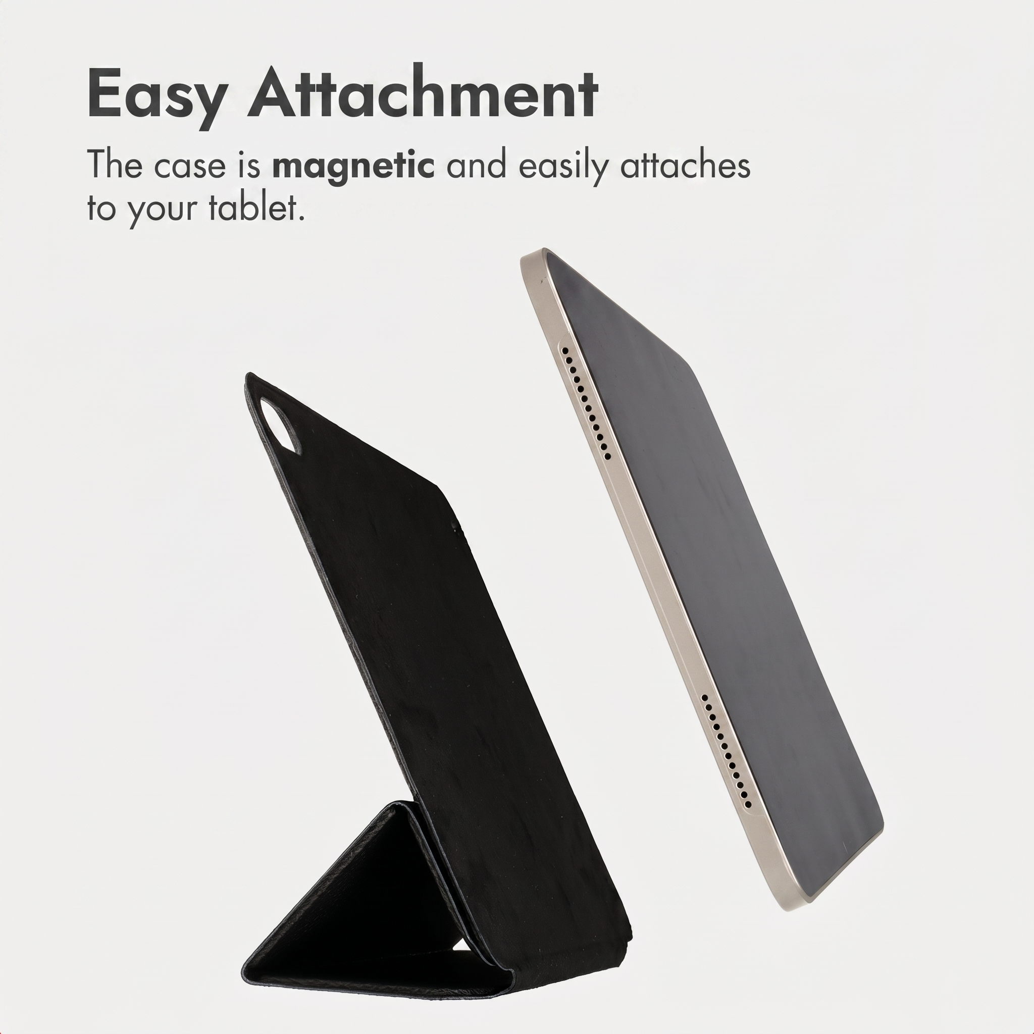 Een tablet en een zwarte magnetische hoes zweven op een witte achtergrond met tekst.