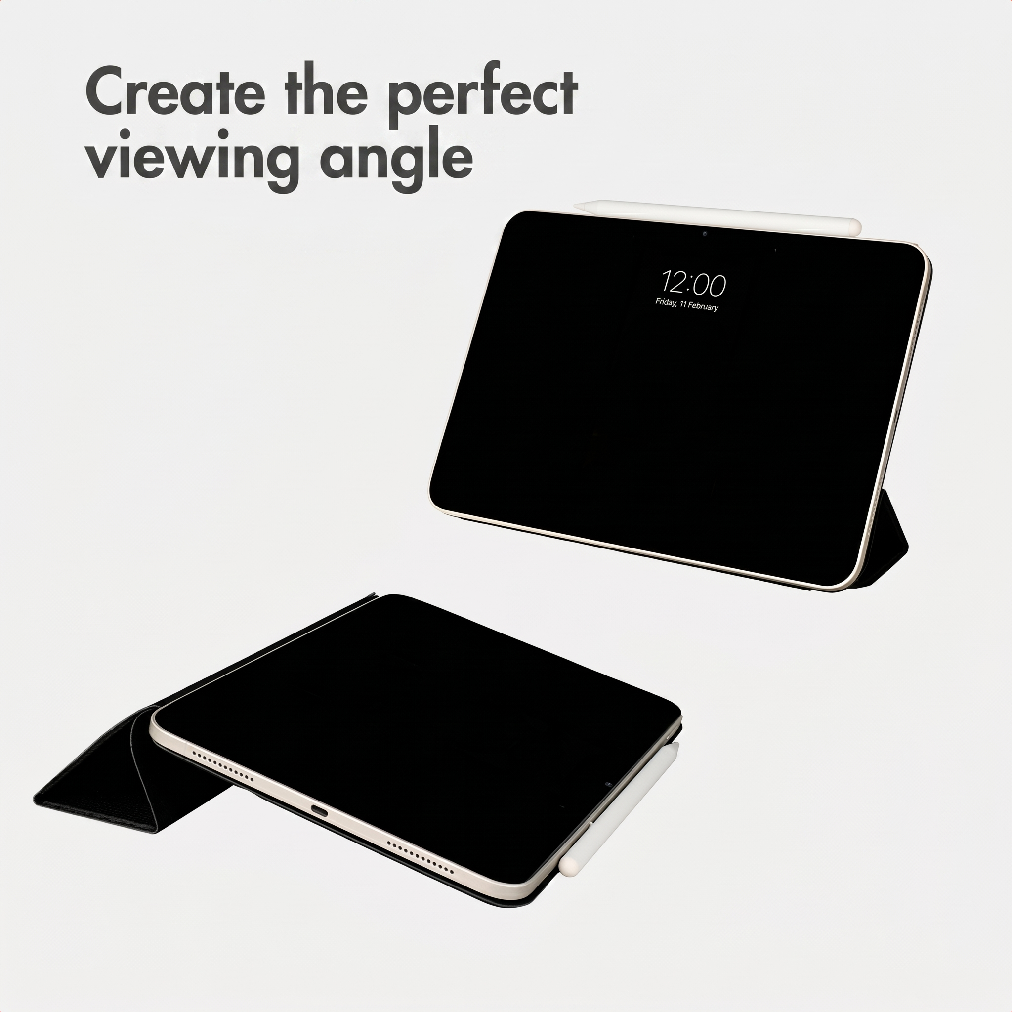 Twee tablets in standaards tonen kijkhoeken, met daarboven de tekst Create the perfect viewing angle.