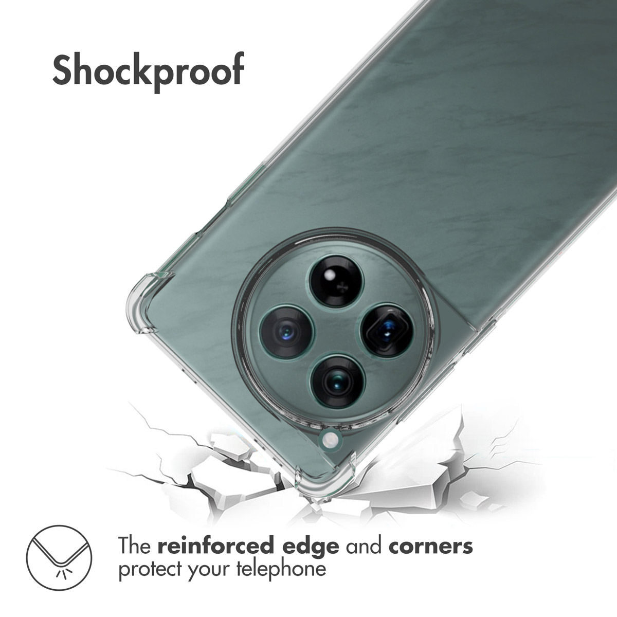Funda de smartphone a prueba de golpes con esquinas reforzadas sobre suelo roto.