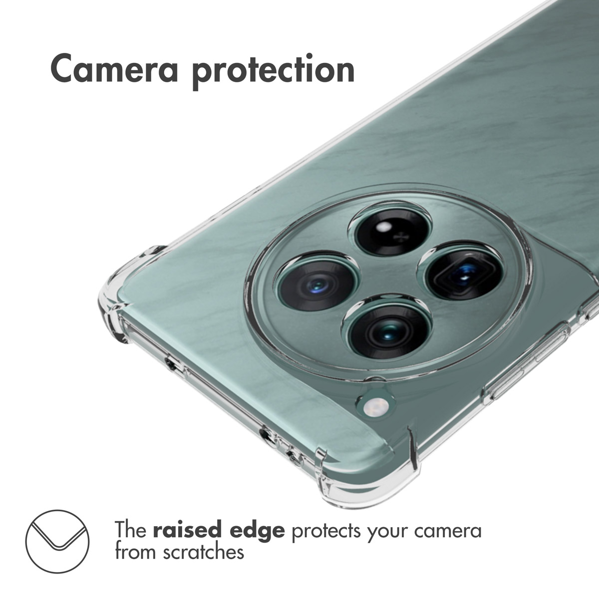 Parte trasera de un smartphone verde dentro de una funda protectora transparente que rodea la cámara.